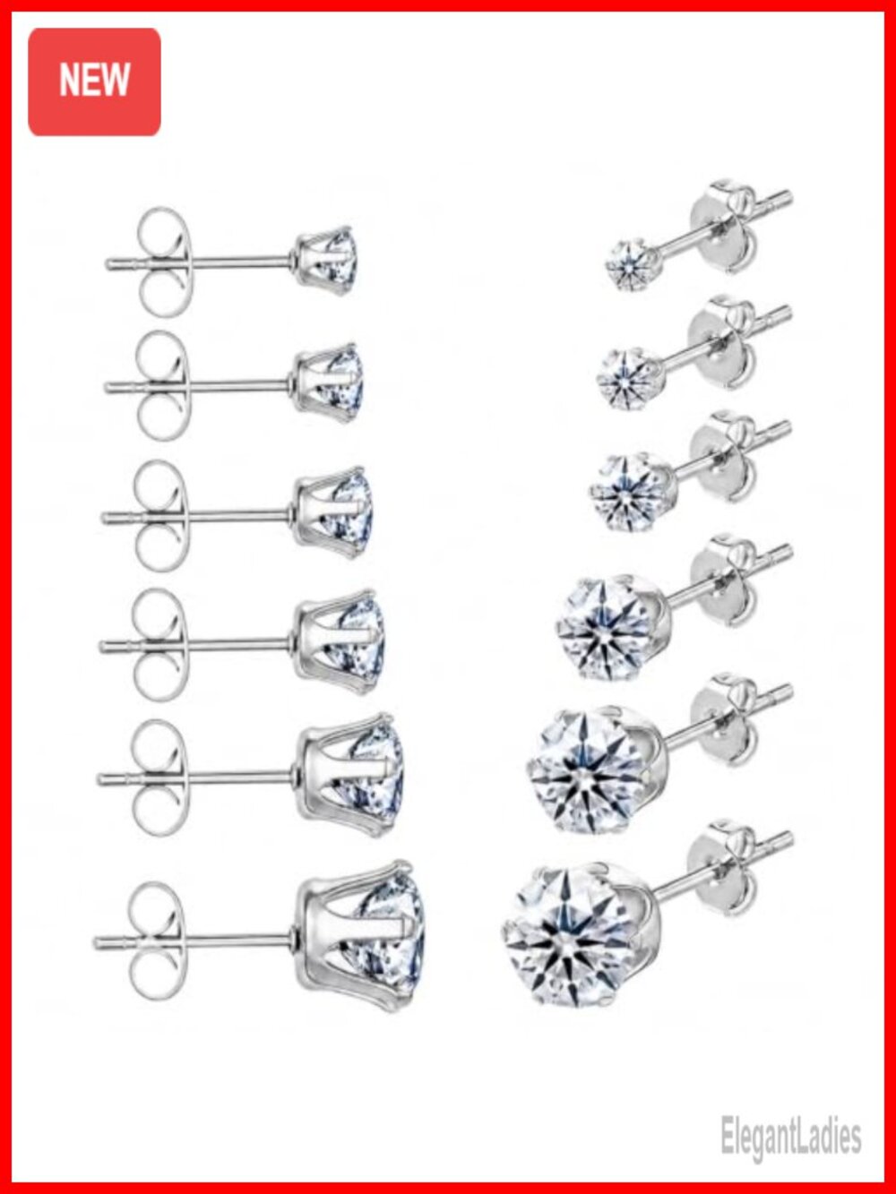 Stainless Steel Cubic Zirconia Stud Earrings Set 6 Pairs